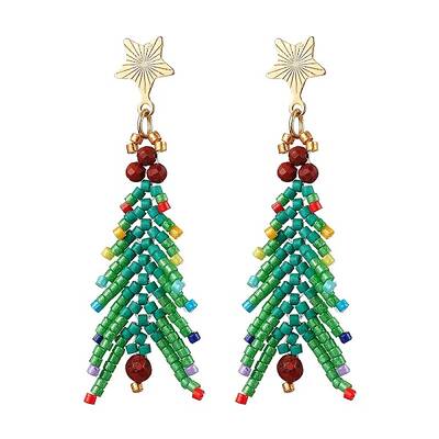 Christmas Tree Natural Red Jasper & Glass Seed Beads Dangle Stud Earrings for Women