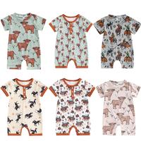 Country Baby Clothes Boy Girl Western Cow Guitar Print Short Sleeve Romper Bodysuit Ribbed Knit  Jumpsuit Summer Outfit #Spri...