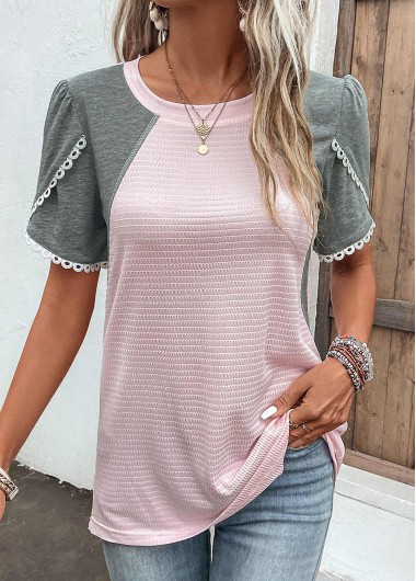 Modlily Pink Patchwork Short Sleeve Round Neck T Shirt - L