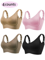 4 Counts Women's Solid Four-breasted Adjustable Wireless Bra, Womenswear Lingerie for All Seasons Valentine's Day, Girl Bra,M...