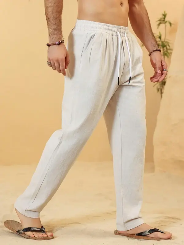 Men's Solid Plicated Drawstring Waist Linen Pants, Regular Fit Casual Comfy Pocket Straight Leg Trousers for Spring & Fall, M...