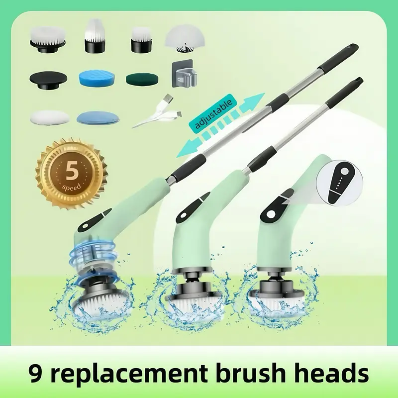 5 Adjustable Speeds, Electric Rotary Washer Cordless Shower Washer Cleaning Brush With 9 Replaceable Brush Heads And 3 Adjust...
