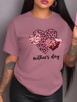 Women's Heart & Leopard Print Round Neck Tee, Casual Soft Letter Graphic Short Sleeve T-Shirt, Ladies Clothes for Daily Wear...