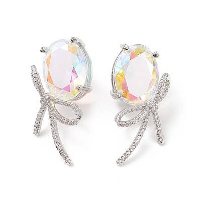 Cubic Zirconia Oval with Bowknot Stud Earrings
