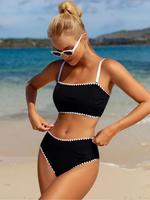 Two-Piece Set Women's Plain Bikini Set, Casual Strapless Swim Top & High Waist Swim Bottom Two-piece Swimsuit for Beach Holid...