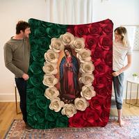 Virgin Mary and Rose Flannel Blanket - Comfortable All-Season Bedding, Suitable for Napping, Camping, Travel - Colorful Mexic...
