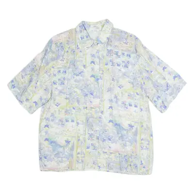LLON Shoulder Padded Womens Printed Shirt Blue Button Neck Viscose Floral M