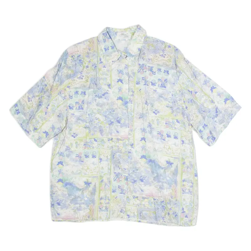 LLON Shoulder Padded Womens Printed Shirt Blue Button Neck Viscose Floral M