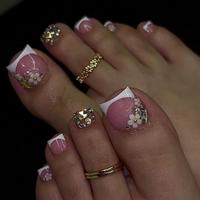 Flower Decor Square Fake Toenail & 1 Sheet Tape & Nail File, 24pcs Short Square False Toenail for Women & Girls DIY Nail Art