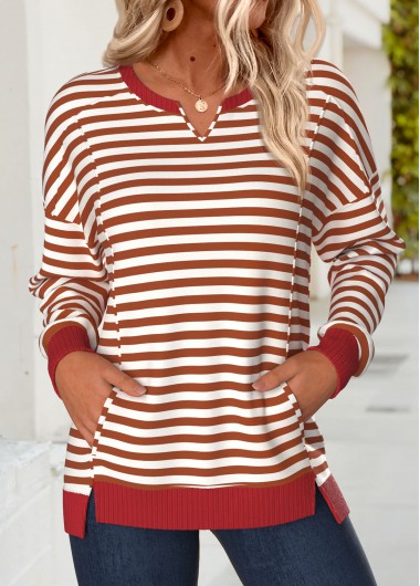 Modlily Red Tummy Coverage Striped Long Sleeve Round Neck Sweatshirt - XXL