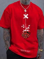 Men's Regular Fit Rose Print Drop Shoulder Tee, Casual Comfy Half Sleeve Round Neck T-Shirt for Summer, Graphic Tees, Street...