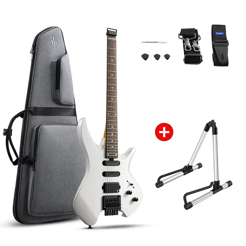 Donner HLX-500 Headless Electric Guitar - White / Guitar+Stand