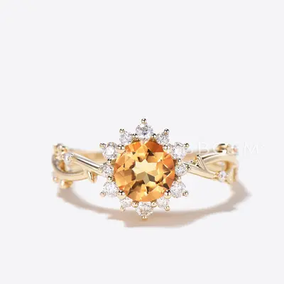 1ct Round Cut Natural Citrine Diamond Halo Wedding Ring Twig Vine Band