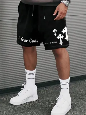 Men's Cross & Letter Print Pocket Drawstring Waist Shorts, Regular Fit Casual Streetwear Shorts for Summer, Men's Bottoms fo...