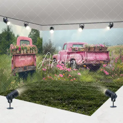 Aperturee Pink Retro Truck Green Field Spring Room Set Backdrop, 7 x 7 ft / 10 x 7 ft / 10 x 7 ft, 247.5 USD, room set backdr...