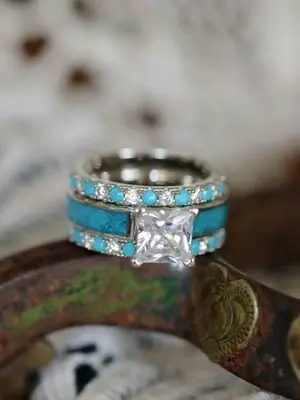 Women's Retro Turquoise & Rhinestone Decor Promise Ring, 2024 Trendy Elegant All-match Dainty Jewelry for Girls Gift, Western...