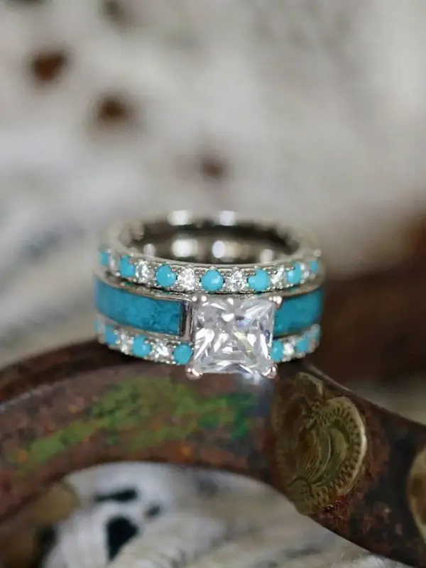 Women's Retro Turquoise & Rhinestone Decor Promise Ring, 2024 Trendy Elegant All-match Dainty Jewelry for Girls Gift, Western...