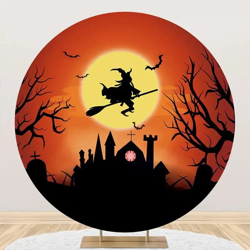 Witch Riding A Broom Moon Night Halloween Backdrop