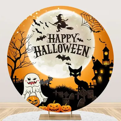 Witch Ghost Pumpkins Moon Round Halloween Backdrop