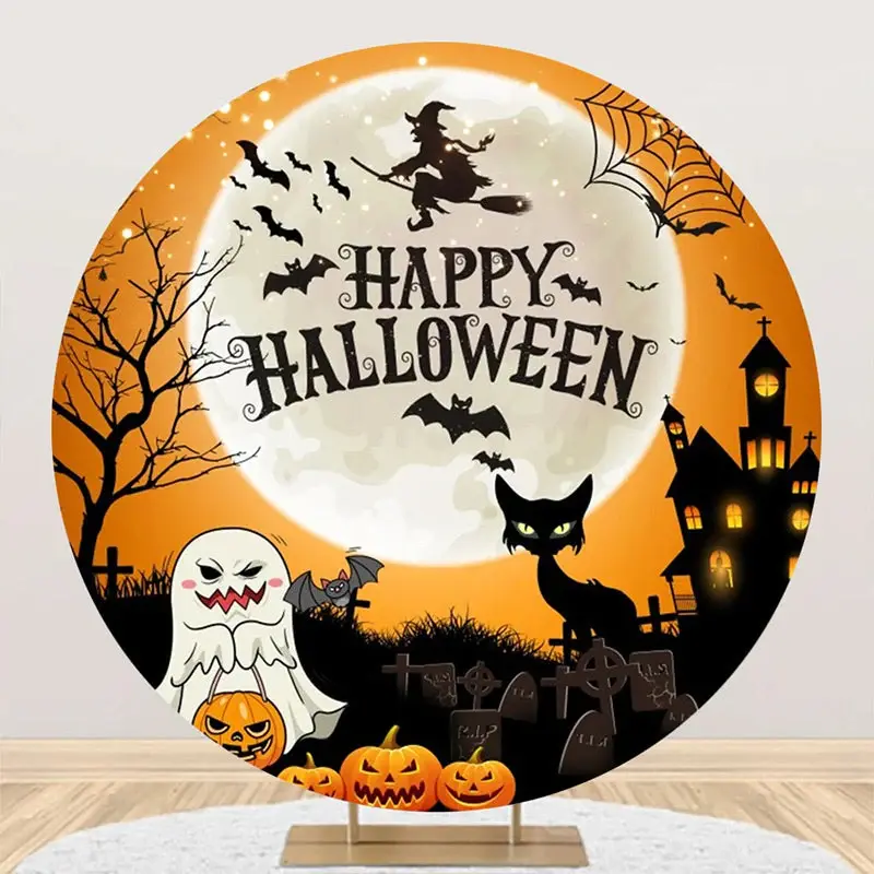Witch Ghost Pumpkins Moon Round Halloween Backdrop
