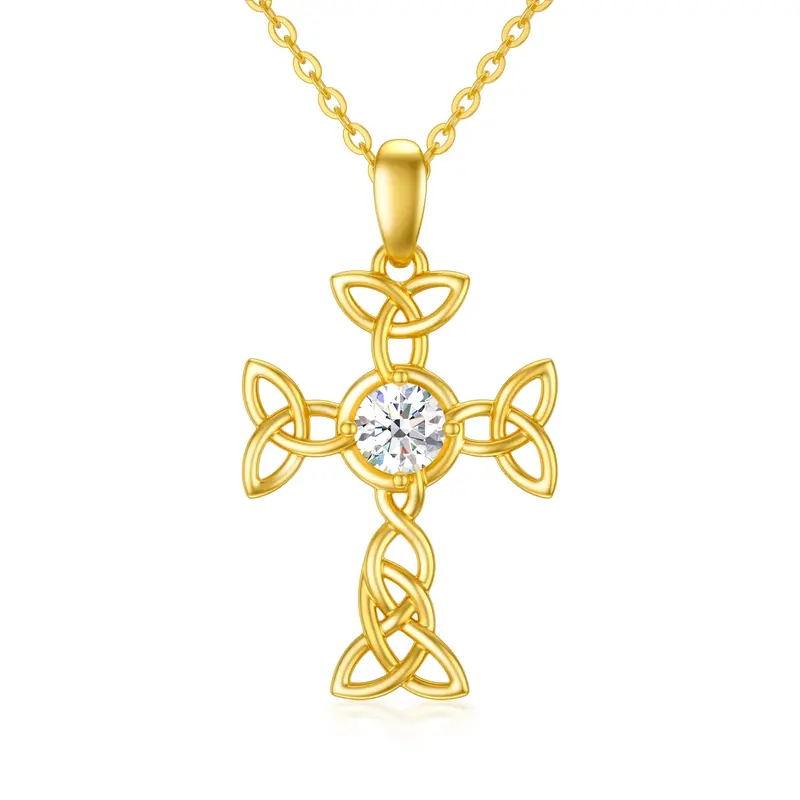 14K Gold Circular Shaped Cubic Zirconia Celtic Knot & Cross Pendant Necklace