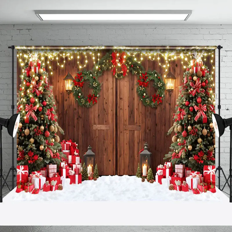 Aperturee Wood Barn Door Wreath Tree Snow Christmas Backdrop
