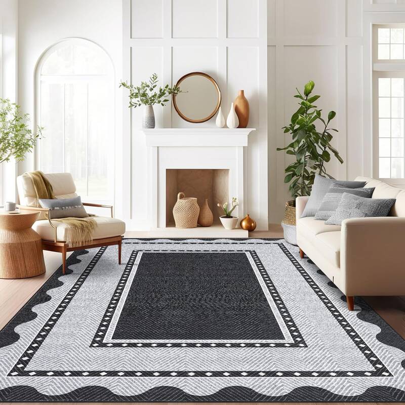 Garvee Border Washable Area Rug 8x10 Black Modern Neutral Stain Resistant Non Slip Soft Low Pile Scalloped Carpet for Living ...