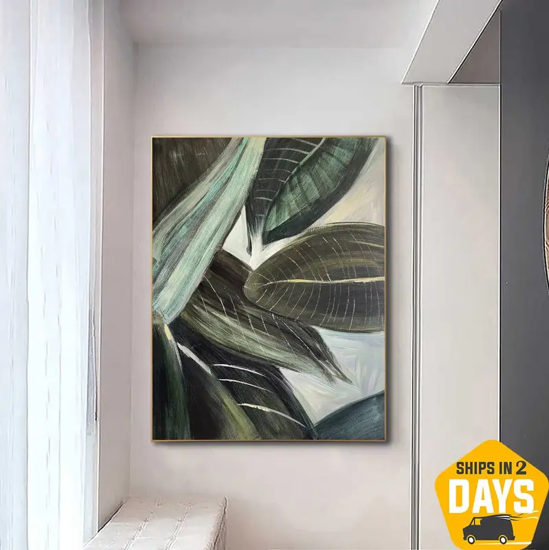 Large Green Paintings On Canvas Original Plant Artwork Abstract Leaves Creative Texture Wall Art for Living Indie Room | PLAN...
