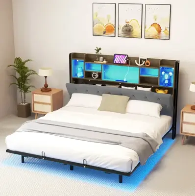 Yitahome Upholstered Platform Bed with Headboard Storage and LED Lights