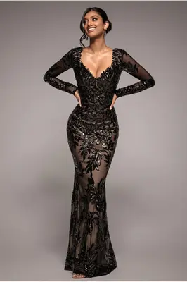 Goddiva Sequin Leaf Long Sleeve Maxi Dress - Black