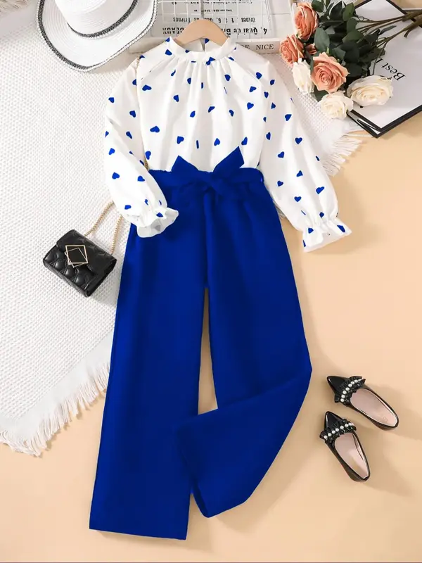 Two-piece Set Girl's Heart Print Mock Neck Top & Wide Leg Belted Pants Set, Elegant Fashion Casual Top & Trousers for Daily O...