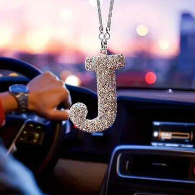 Rhinestone Letter Design Car Pendant, Sparkling Rhinestone Hanging Charm, Lucky Reflective Ornament, Durable Car Interior Acc...