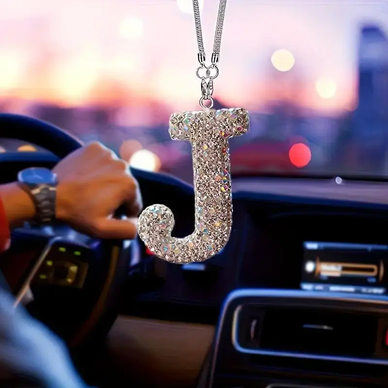 Rhinestone Letter Design Car Pendant, Sparkling Rhinestone Hanging Charm, Lucky Reflective Ornament, Durable Car Interior Acc...