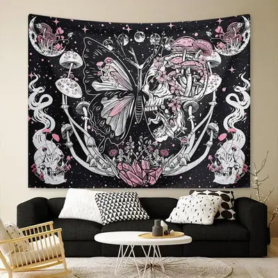 Butterfly Mushroom Wall Tapestry, 1 Count Home Decor Hanging Tapestry, Room Decor Aesthetic Wall Hanging Tapestry Sweet Furni...