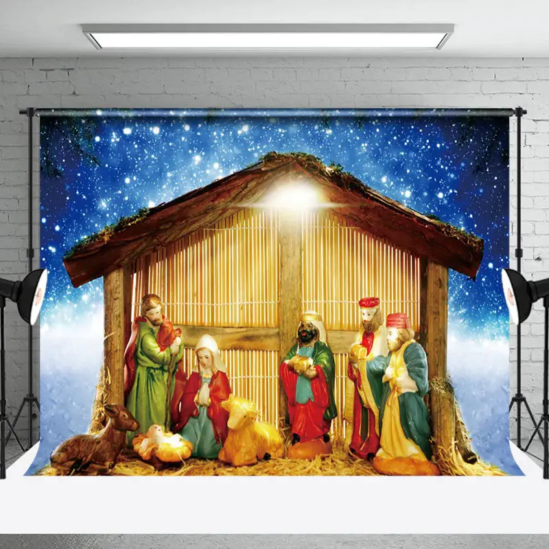Aperturee Starry Holy Snowy Night Nativity Christmas Backdrop