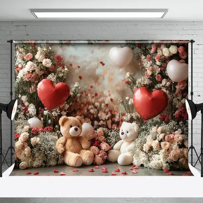 Aperturee Romantic Floral Balloon Bear Valentines Day Backdrop | Happy Valentines Day Banner | Diy Valentine Photo Backdrop |...