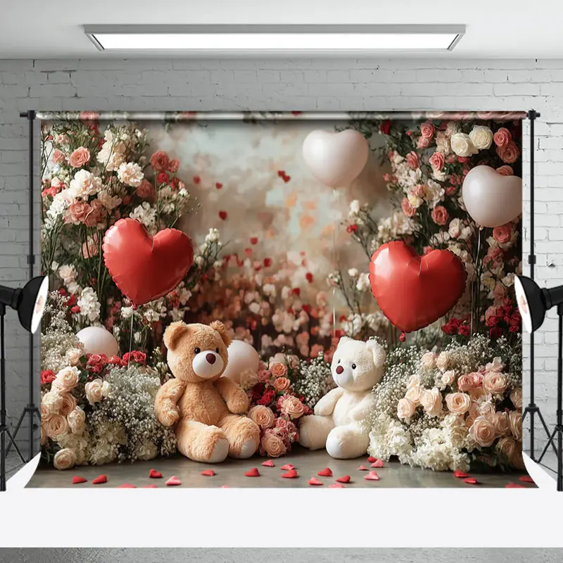 Aperturee Romantic Floral Balloon Bear Valentines Day Backdrop | Happy Valentines Day Banner | Diy Valentine Photo Backdrop |...