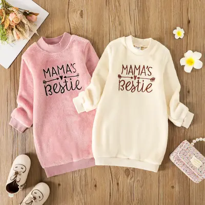 PatPat Toddler Girl Letter Embroidered Fleece Mock Neck Long-sleeve Pink Sweatshirt Dress