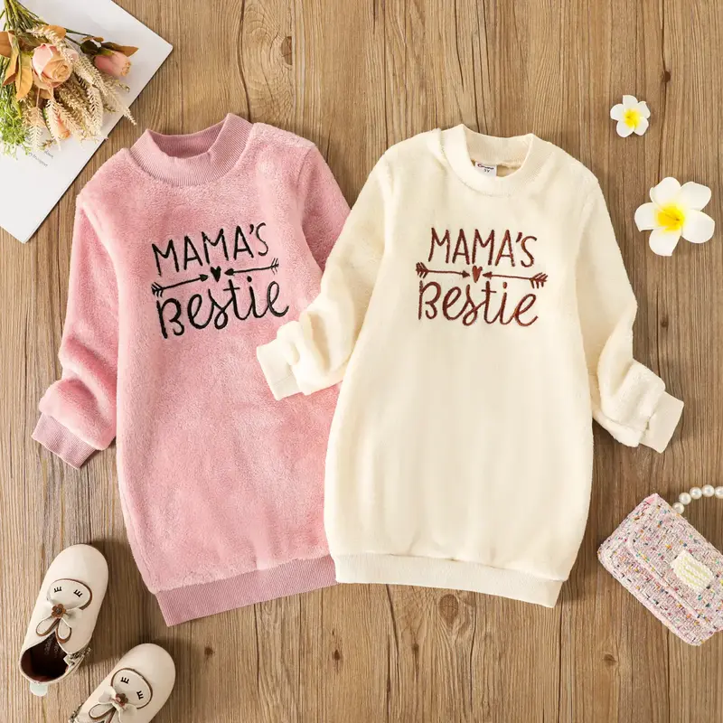 PatPat Toddler Girl Letter Embroidered Fleece Mock Neck Long-sleeve Pink Sweatshirt Dress