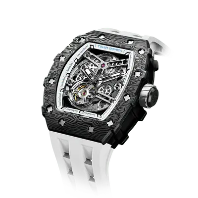 TSAR BOMBA Men's Automatic Watch | Carbon Fiber Luxury Skeleton Wristwatch | Elegant White | Elemental TB8208CF | Tonneau Mec...