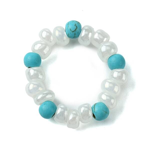 Round Synthetic Turquoise with Glass Seeded Beaded Stretch Rings for Women
