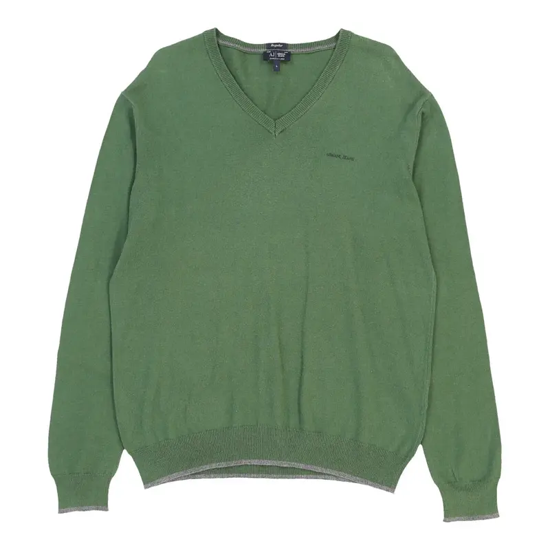Armani Jeans V-neck Jumper - Large Green Cotton
