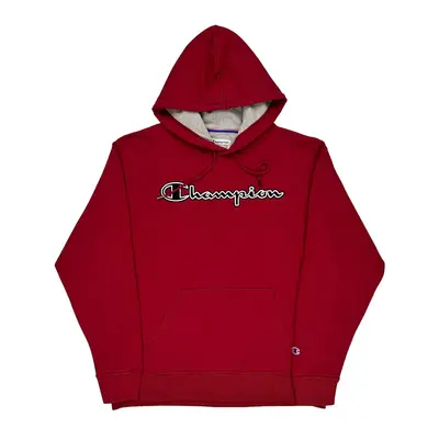 Champion Spellout Hoodie - Large Red Cotton Blend
