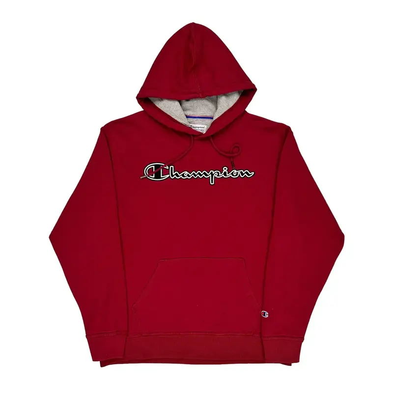 Champion Spellout Hoodie - Large Red Cotton Blend