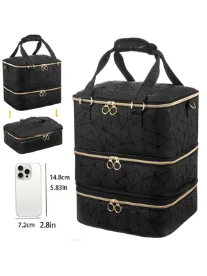 Geometric Pattern 3-layer Nail Polish Storage Bag for Summer Travel, Large Capacity Multifunction Makeup Storage Bag, Portabl...