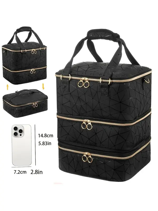 Geometric Pattern 3-layer Nail Polish Storage Bag for Summer Travel, Large Capacity Multifunction Makeup Storage Bag, Portabl...