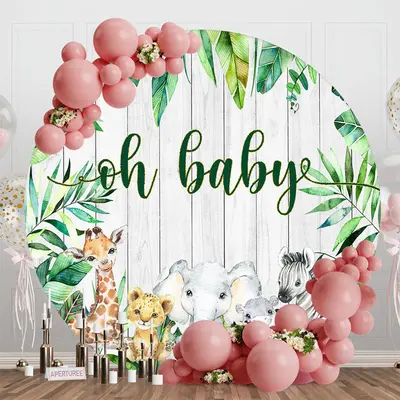 Wood Monstera Animals Round Baby Shower Backdrop - Aperturee