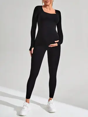 Maternity's Solid Long Sleeve Square Neck Sports Jumpsuit, Casual Sporty Comfy Tight-fitting Tummy Control Jumpsuit for Yoga ...