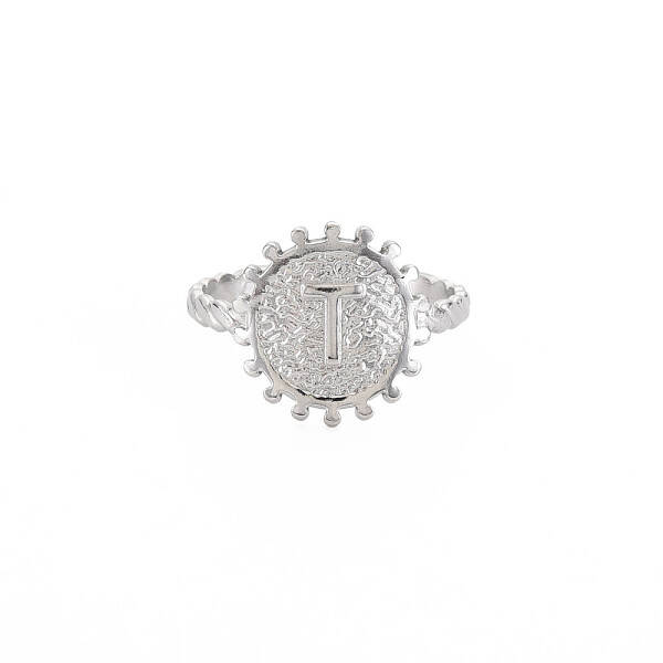 Non-Tarnish 304 Stainless Steel Flat Round with Initial Letter Open Cuff Ring for Men Women