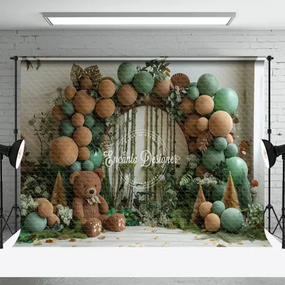 Green Brown Balloons Plant Bear Cake Smash Backdrop